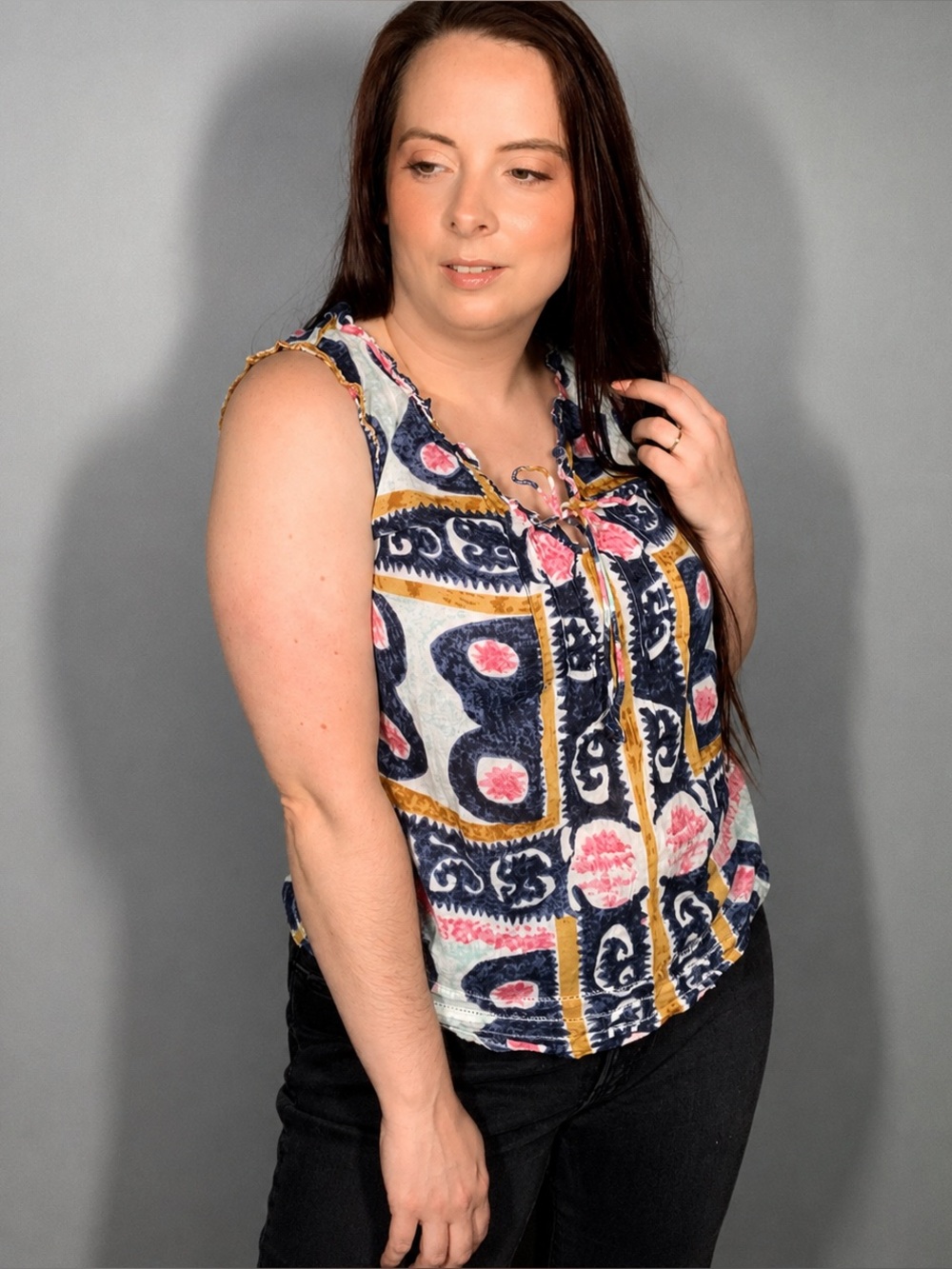 Abstract Floral Ikat Patchwork Global Tribal Eclectic Boho Artsy Tunic Top